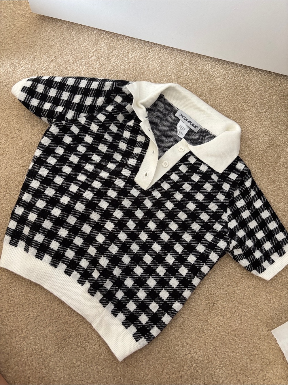 Cotton Emporium Black & White Check Knit Polo Sweater